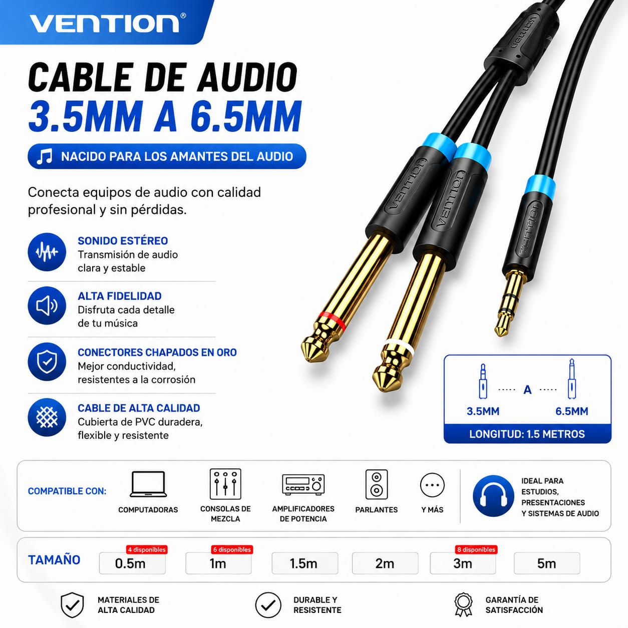 Cable Audio Vention 3.5mm A 6.5mm Estéreo 3 Metros HiFi
